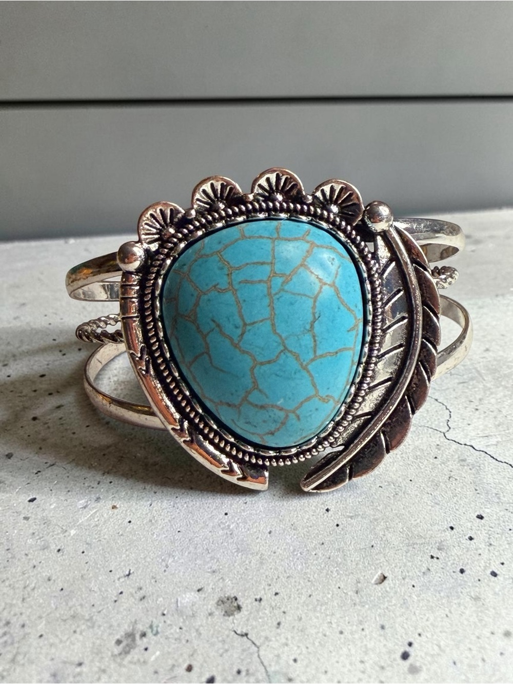 Turquoise Stone Silver-Tone Cuff Bracelet - Women Jewelry